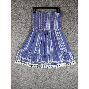 Blue Island Strapless Smocked‎ Tassel Hem Dress Boho Stripe Medium
